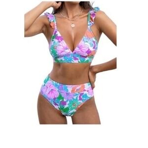 Cupshe Womens Floral Ruffle High Waisted Bikini Set Multicolor Size  S